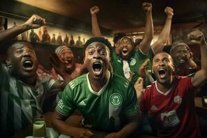 animado Nigéria futebol fãs torcendo para seus equipe durante uma jogos às estádio. ai gerado pró foto