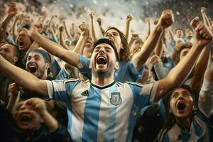 animado Argentina futebol fãs torcendo para seus equipe durante uma jogos às estádio. ai gerado pró foto