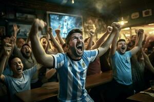 animado Argentina futebol fãs torcendo para seus equipe durante uma jogos às estádio. ai gerado pró foto