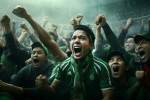 animado Bangladesh futebol fãs torcendo para seus equipe durante uma jogos às estádio. ai gerado pró foto