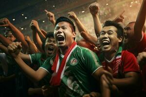 animado Bangladesh futebol fãs torcendo para seus equipe durante uma jogos às estádio. ai gerado pró foto