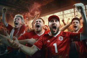 animado Canadá futebol fãs torcendo para seus equipe durante uma jogos às estádio. ai gerado pró foto