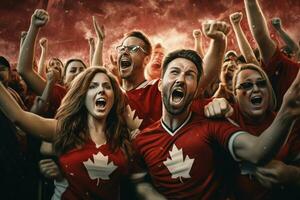 animado Canadá futebol fãs torcendo para seus equipe durante uma jogos às estádio. ai gerado pró foto