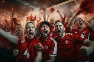 animado Canadá futebol fãs torcendo para seus equipe durante uma jogos às estádio. ai gerado pró foto