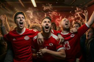 animado Canadá futebol fãs torcendo para seus equipe durante uma jogos às estádio. ai gerado pró foto