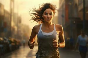 jovem mulher corrida dentro a chuva. esporte e saudável estilo de vida conceito. ai gerado pró foto