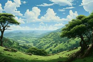verde chá plantação panorama com árvores e azul céu. natureza fundo. ai gerado pró foto