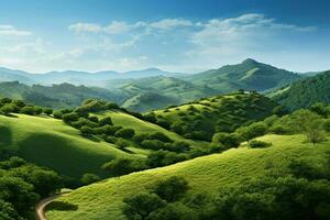 verde chá plantação panorama com árvores e azul céu. natureza fundo. ai gerado pró foto