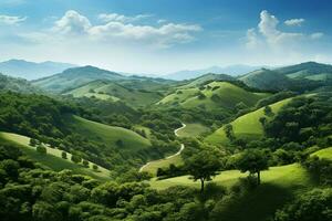 verde chá plantação panorama com árvores e azul céu. natureza fundo. ai gerado pró foto