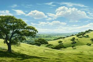 verde chá plantação panorama com árvores e azul céu. natureza fundo. ai gerado pró foto