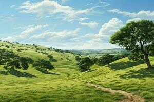 verde chá plantação panorama com árvores e azul céu. natureza fundo. ai gerado pró foto