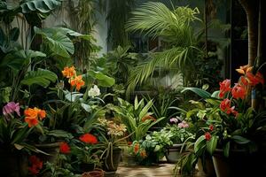 estufa interior com plantas em a peitoril da janela e vintage cadeirão. ai gerado pró foto