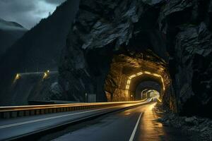 subterrâneo túnel com luzes às noite. grandes exposição. grandes exposição. ai gerado pró foto