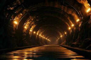 subterrâneo túnel com luzes às noite. grandes exposição. grandes exposição. ai gerado pró foto