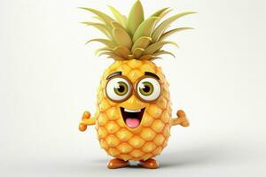 3d ilustração do abacaxi desenho animado personagem com feliz expressão em branco fundo. ai gerado pró foto