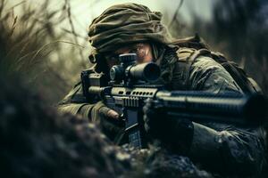 Unidos estados marinho corpo especial forças soldado com assalto rifle dentro açao durante missão. ai gerado pró foto