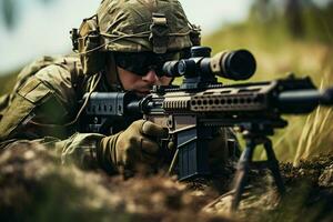 Unidos estados marinho corpo especial forças soldado com assalto rifle dentro açao durante missão. ai gerado pró foto