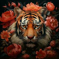 lindo tigre com flores em uma Sombrio fundo. ai gerado pró foto