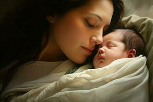 mãe com dela recém-nascido bebê, maternidade conceito. ai gerado pró foto