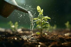 rega uma jovem verde plantar dentro a terra com água gotas. ai gerado pró foto