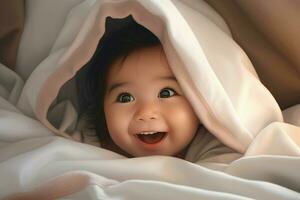 fofa pequeno bebê debaixo cobertor às lar. feliz infância conceito. ai gerado pró foto