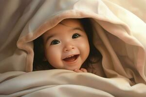 fofa pequeno bebê debaixo cobertor às lar. feliz infância conceito. ai gerado pró foto
