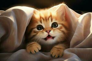 fofa malhado gato se escondendo debaixo cobertor em cama, fechar-se. ai gerado pró foto