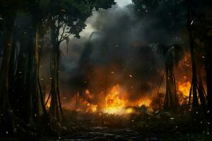 fogo dentro a floresta, queimando árvores e arbustos dentro a fundo. ai gerado pró foto