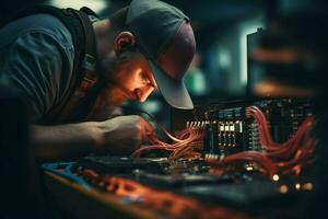 reparador reparação eletrônico o circuito borda dentro a oficina às noite. ai gerado pró foto