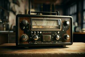 vintage rádio em uma de madeira mesa dentro a interior do a sala, vintage estilo. retro rádio. ai gerado pró foto