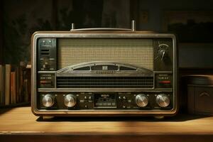 vintage rádio em uma de madeira mesa dentro a interior do a sala, vintage estilo. retro rádio. ai gerado pró foto