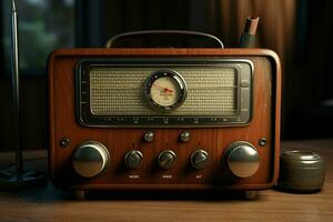 vintage rádio em uma de madeira mesa dentro a interior do a sala, vintage estilo. retro rádio. ai gerado pró foto