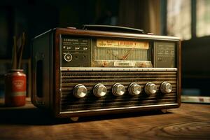 vintage rádio em uma de madeira mesa dentro a interior do a sala, vintage estilo. retro rádio. ai gerado pró foto