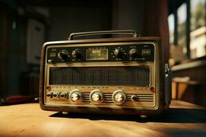 vintage rádio em uma de madeira mesa dentro a interior do a sala, vintage estilo. retro rádio. ai gerado pró foto