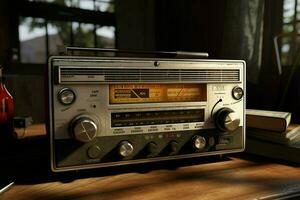 vintage rádio em uma de madeira mesa dentro a interior do a sala, vintage estilo. retro rádio. ai gerado pró foto