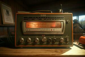 vintage rádio em uma de madeira mesa dentro a interior do a sala, vintage estilo. retro rádio. ai gerado pró foto