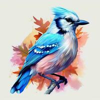 azul Jay pássaro em uma ramo com colorida fundo. ai gerado pró foto