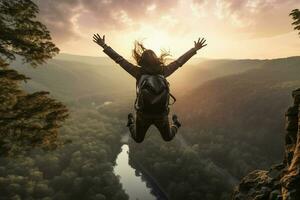 jovem mulher caminhante pulando sobre penhasco para dentro a enevoado vale às nascer do sol. ai gerado pró foto