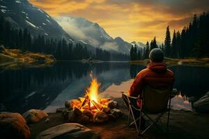 homem sentado de a fogueira dentro frente do uma montanha lago. ai gerado pró foto