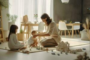 mãe e dela crianças jogando com de madeira blocos dentro a vivo quarto às lar. ai gerado pró foto