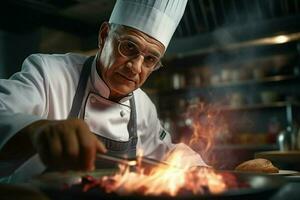 chefe de cozinha cozinhando Comida dentro cozinha às restaurante. retrato do bonito barbudo chefe de cozinha cozinhando Comida dentro restaurante. ai gerado pró foto