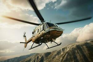 helicóptero dentro voar sobre a montanhas. 3d Renderização. ai gerado pró foto
