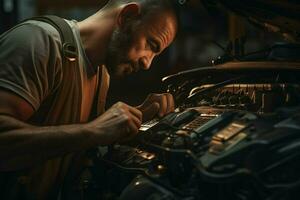 profissional mecânico trabalhando dentro auto reparar fazer compras. bonito jovem caucasiano homem dentro uniforme reparação uma carro. ai gerado pró foto