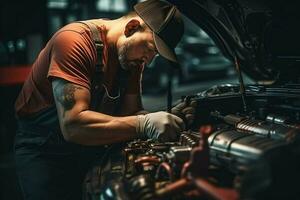 profissional mecânico trabalhando dentro auto reparar fazer compras. bonito jovem caucasiano homem dentro uniforme reparação uma carro. ai gerado pró foto