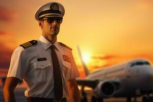 retrato do bonito piloto dentro uniforme em pé dentro frente do avião às aeroporto. ai gerado pró foto