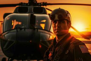 helicóptero às pôr do sol fechar-se retrato do piloto em pé dentro frente. ai gerado pró foto