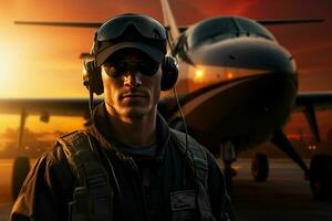 retrato do uma bonito piloto em pé dentro frente do avião às pôr do sol. ai gerado pró foto