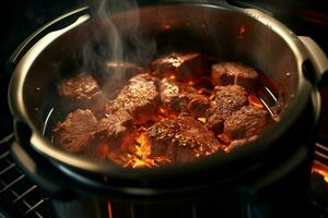 fechar acima do carne bifes ser grelhado em churrasco grade com fumaça, grelhado carne bifes em uma churrasco grade. raso profundidade do campo. ai gerado pró foto