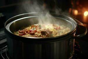 cozinhando arroz dentro quente Panela com vapor em forno, fechar-se. ai gerado pró foto