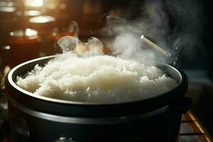 cozinhando arroz dentro quente Panela com vapor em forno, fechar-se. ai gerado pró foto